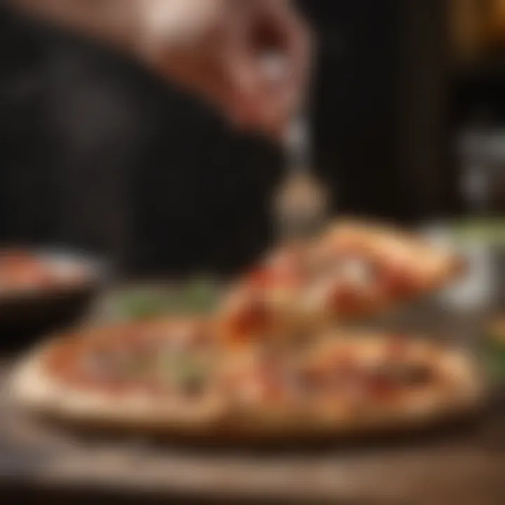 A pizza peel in action, lifting a freshly baked pizza