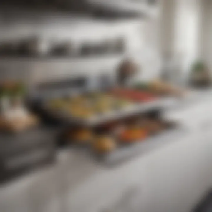 A well-organized kitchen featuring various stainless steel sheet pans in different sizes