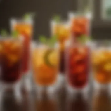 An array of different iced tea flavors and colors in elegant glasses