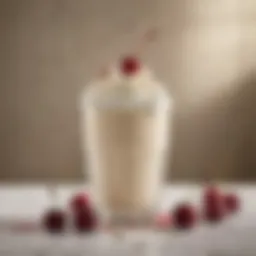 A sumptuous thick vanilla milkshake topped with whipped cream and a cherry