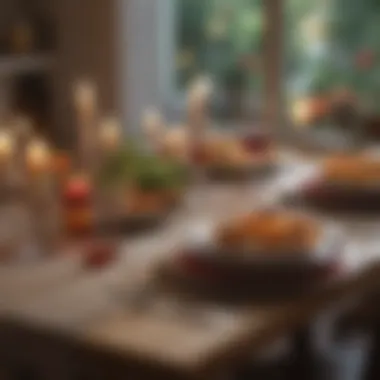 Romantic Dinner Setting An elegant dinner table set with gourmet dishes and candles.
