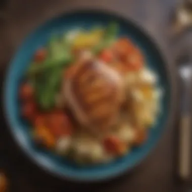 Grilled Chicken with Seasonal Vegetables A beautifully plated grilled chicken breast served with steamed vegetables