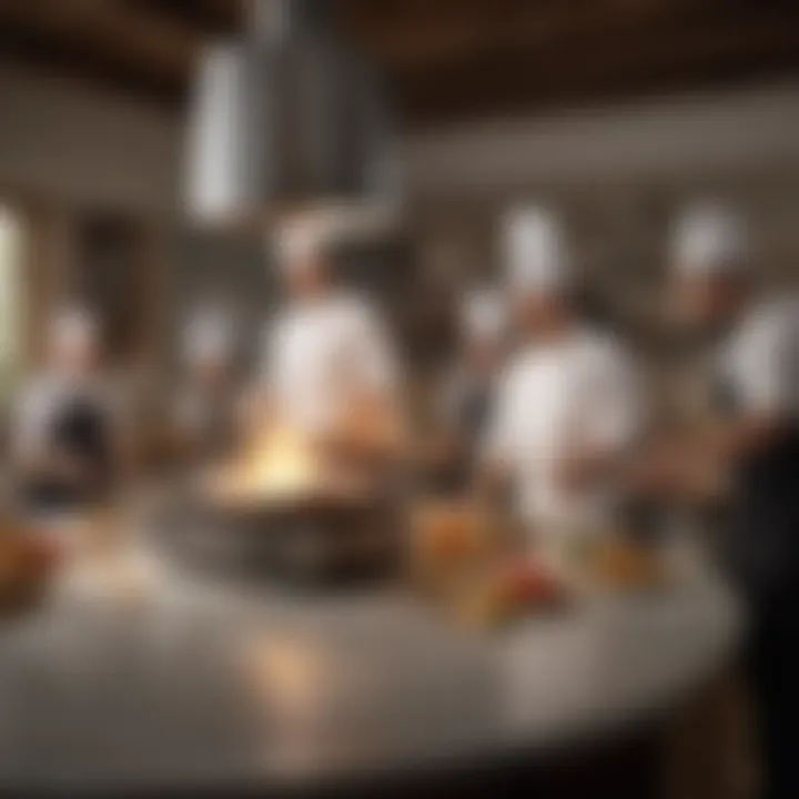 A dramatic kitchen competition setting with contestants in action
