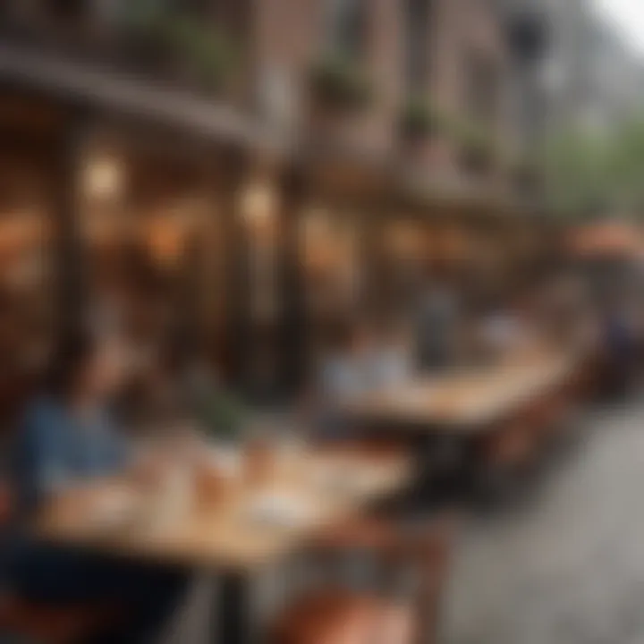 A bustling outdoor dining area filled with patrons enjoying their meals.