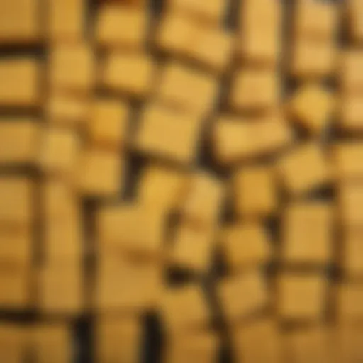 A detailed view of American cheese slices and blocks showcasing its texture.