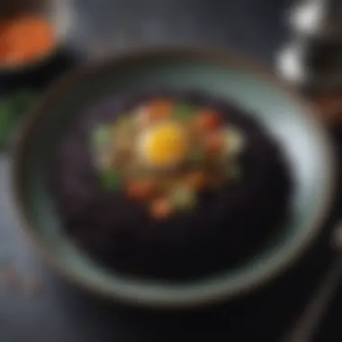 Artfully plated dish featuring black rice with vegetables