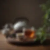 A serene tea setup featuring oolong tea leaves and a kettle