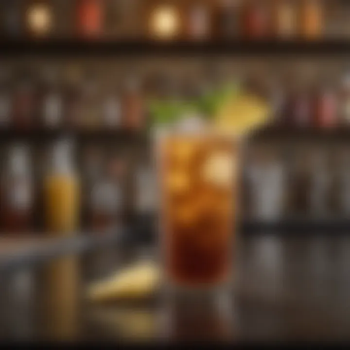 A beautifully garnished Long Island Iced Tea cocktail on a bar counter.