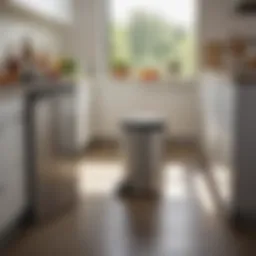 A sleek push garbage can in a modern kitchen setting.