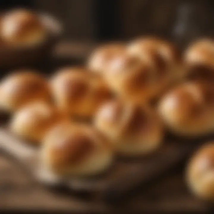 Freshly baked Kaiser rolls displayed on a rustic wooden table.