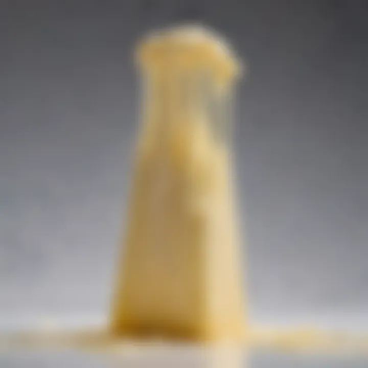 Close-up of the texture of vegan string cheese, highlighting its stretchiness.