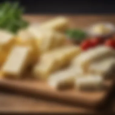 Diverse Varieties of Vegan String Cheese A selection of vegan string cheese varieties displayed on a wooden board.