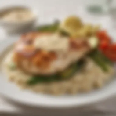 A creative dish featuring grilled chicken topped with Prego Alfredo Sauce and accompanied by seasonal vegetables.