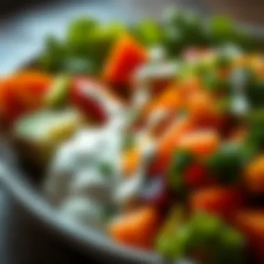 Colorful Vegetables Enhanced with Yogurt Dressing An array of vegetables drizzled with yogurt dressing.