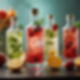 A vibrant display of colorful vodka cocktails garnished with fresh fruits and herbs