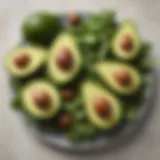 A vibrant assortment of avocados and leafy greens depicting foods high in HDL cholesterol.