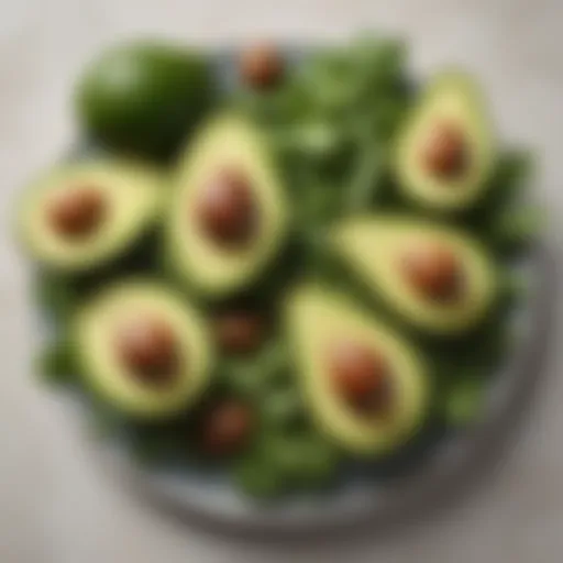 A vibrant assortment of avocados and leafy greens depicting foods high in HDL cholesterol.