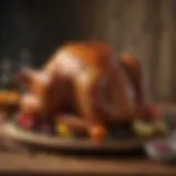 A beautifully smoked turkey displayed on a rustic wooden table.