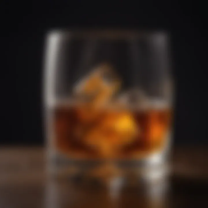 Close-up of a whisky glass filled with a rich amber liquid