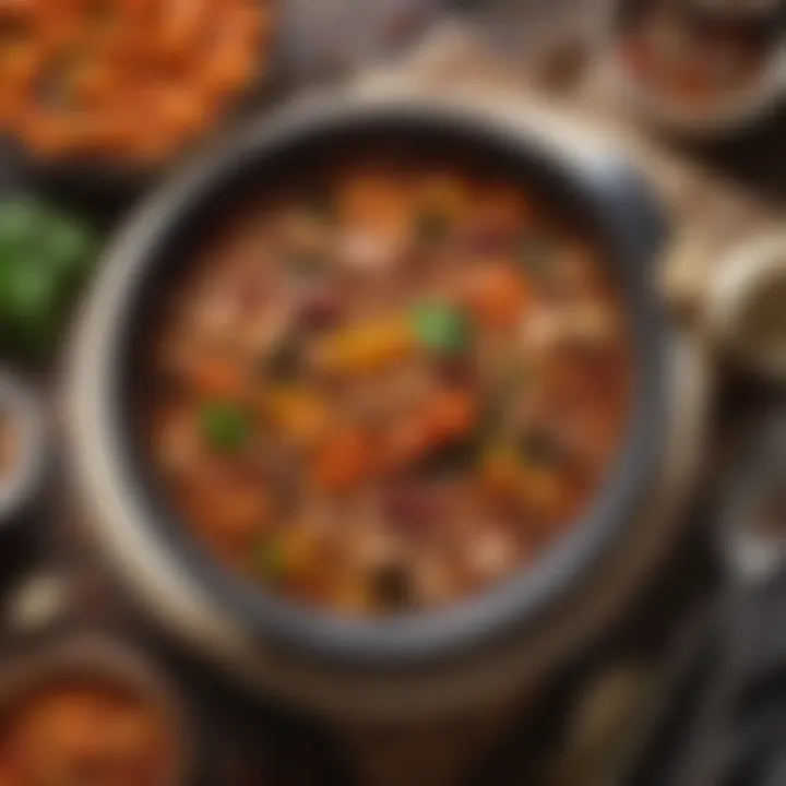 A hearty bean stew with an array of colorful vegetables and spices.