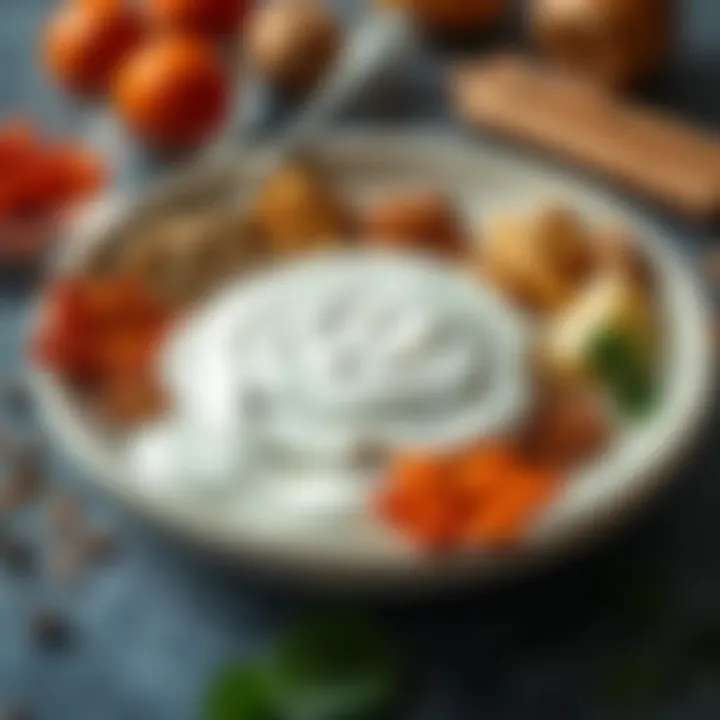 A platter featuring yogurt dressing alongside various spices.
