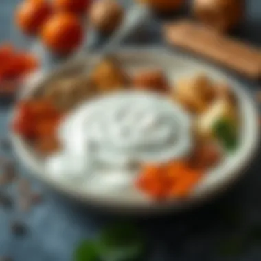 Yogurt Dressing Accompanied by Spices A platter featuring yogurt dressing alongside various spices.