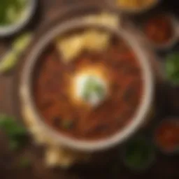 Aerial view of Zippy's Chili served in a rustic bowl with fresh toppings.
