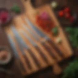 A display of Zwilling Henckels Twin Signature knives elegantly arranged on a wooden cutting board